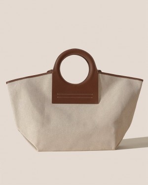 Men's Hereu Cala L Leather-trimmed Canvas Tote Bag Beige / Brown | Canada-54XCKOJQN