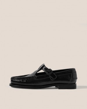 Women's Hereu Alber Crinkled Glossy T-bar Loafers Black | Canada-70FKHLWIG