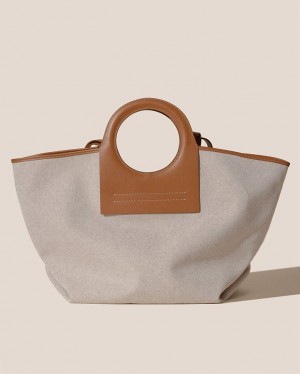 Women's Hereu Cala L Leather-trimmed Canvas Tote Bag Beige / Brown | Canada-84ZAMCTXL