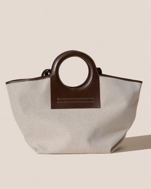 Women's Hereu Cala L Leather-trimmed Canvas Tote Bag Beige / Dark Brown | Canada-30FYDJTHM