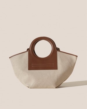 Women's Hereu Cala S Leather-trimmed Canvas Tote Bag Beige / Chocolate | Canada-97PMRVCEF