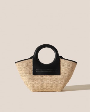 Women's Hereu Cala S Raffia Leather-trimmed Tote Bag Beige / Black | Canada-76HFOLXBK