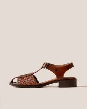 Women's Hereu Pasqua Woven Panel T-bar Sandals Dark Brown | Canada-95VKXFESH