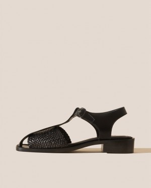 Women's Hereu Pasqua Woven Panel T-bar Sandals Black | Canada-56UHYFWZK