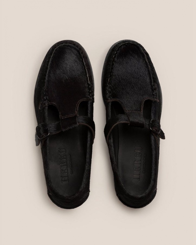 Men's Hereu Alber Calf Hair T-bar Loafers Black | Canada-07BSXTNWR