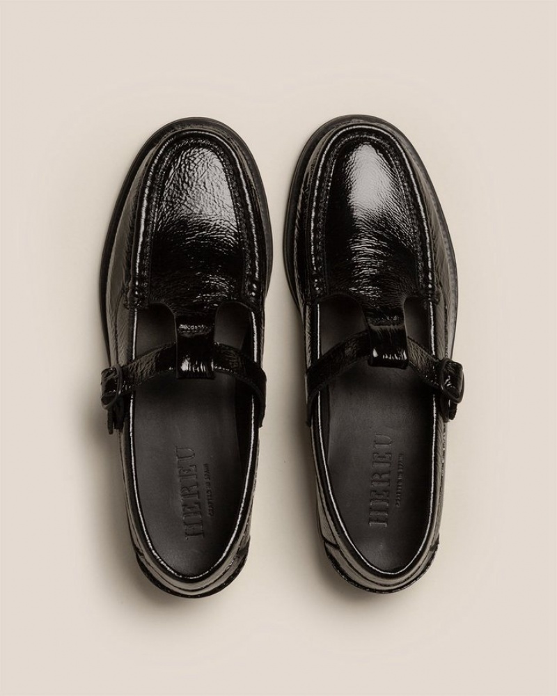 Men's Hereu Alber Crinkled Glossy T-bar Loafers Black | Canada-56QHUSGZN