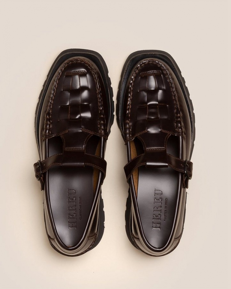 Men's Hereu Soller Sport Tread Sole T-bar Loafers Dark Brown | Canada-32PTRVBXY