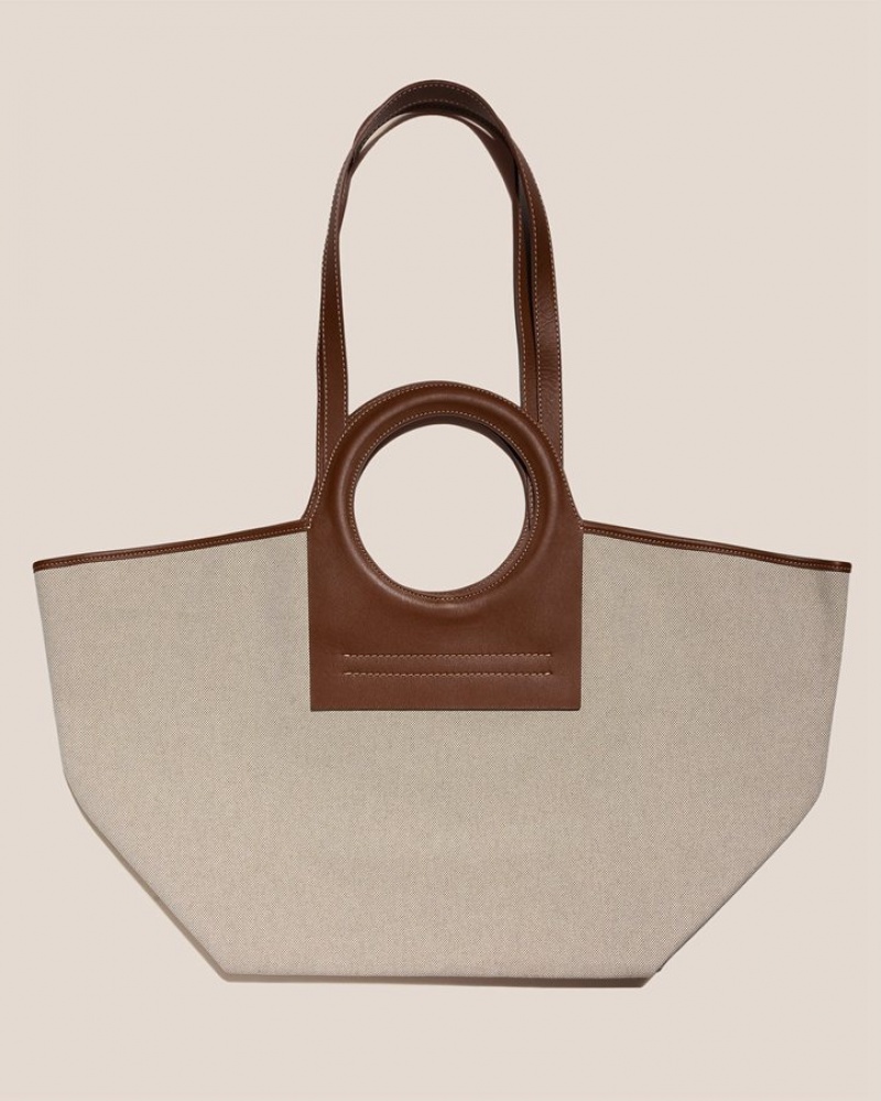 Women's Hereu Cala L Leather-trimmed Canvas Tote Bag Beige / Chocolate | Canada-56LNJSZVT