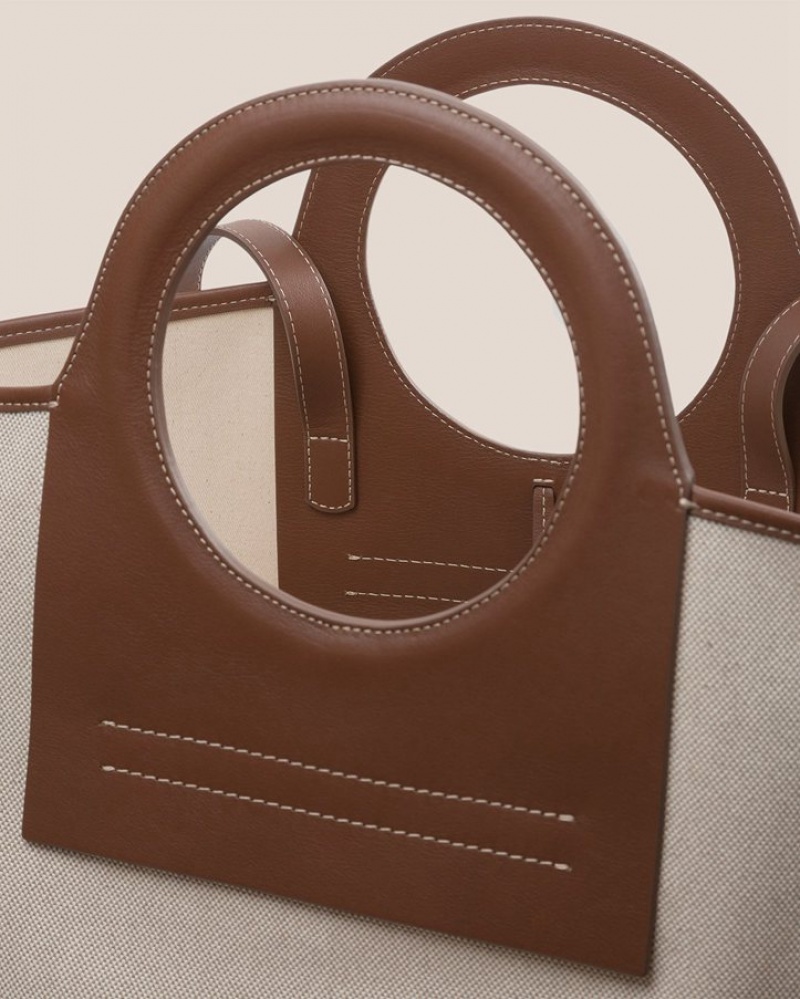 Women's Hereu Cala L Leather-trimmed Canvas Tote Bag Beige / Chocolate | Canada-56LNJSZVT