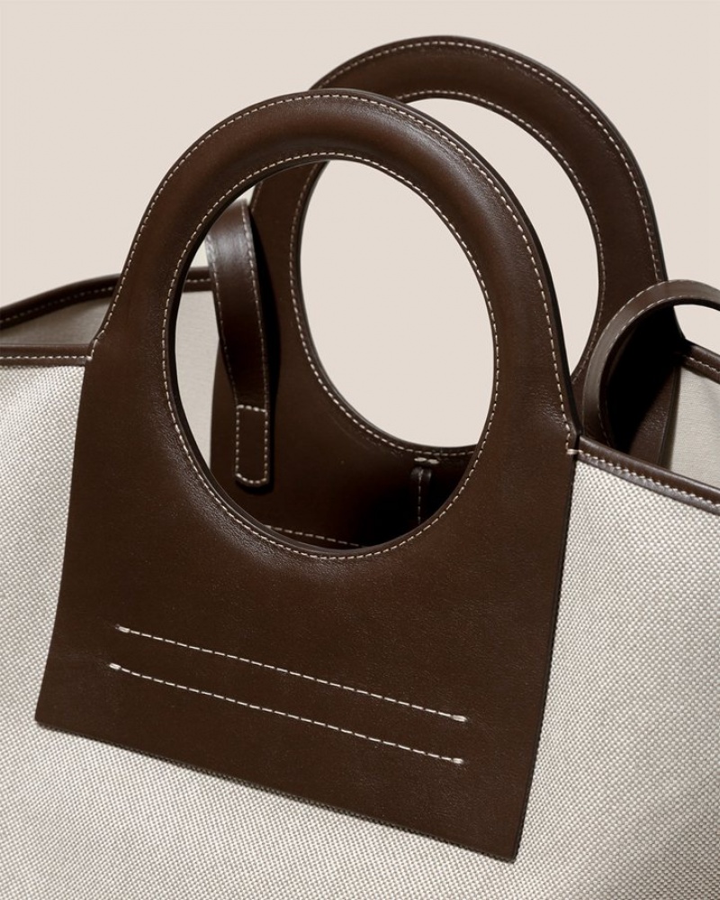 Women's Hereu Cala S Leather-trimmed Canvas Tote Bag Beige / Dark Brown | Canada-79VBETLWG