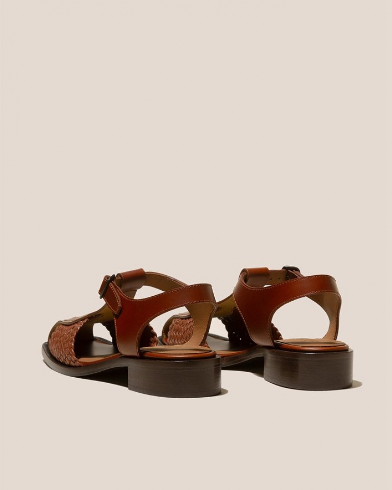 Women's Hereu Pasqua Woven Panel T-bar Sandals Dark Brown | Canada-95VKXFESH