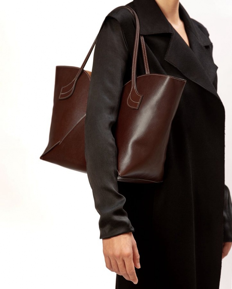 Women's Hereu Sepal Tulip Shape Zipped Tote Bag Dark Brown | Canada-49NRDHIKJ