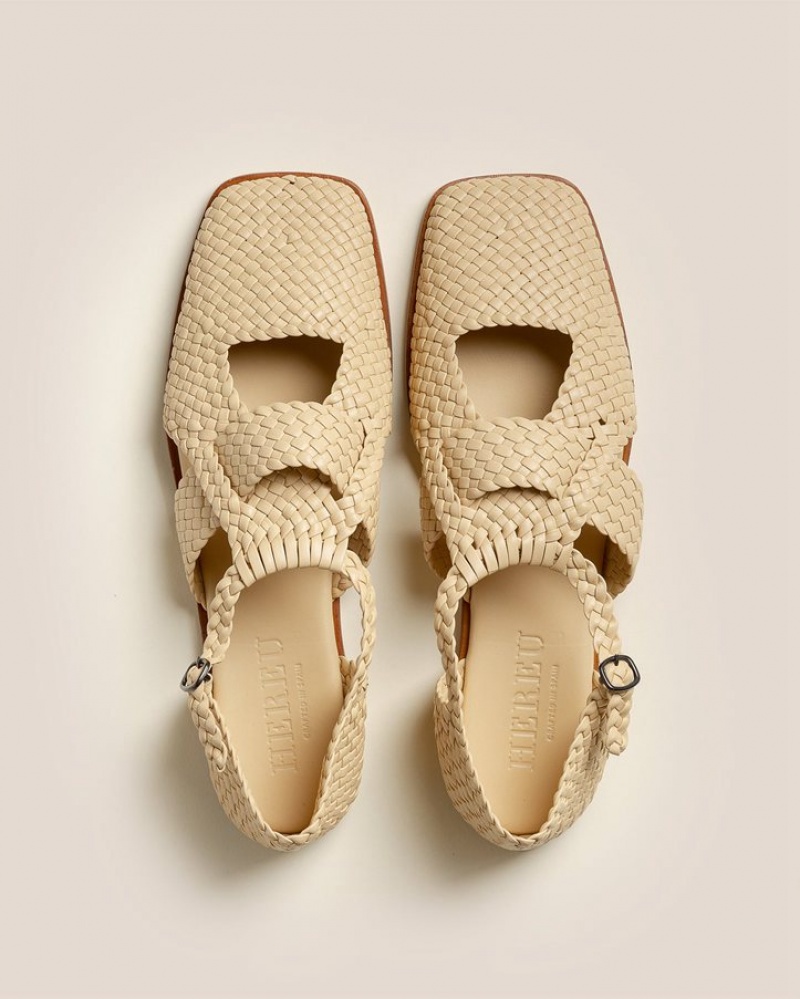 Women's Hereu Serra Woven T-bar Sandals Cream | Canada-76EFAPWQJ